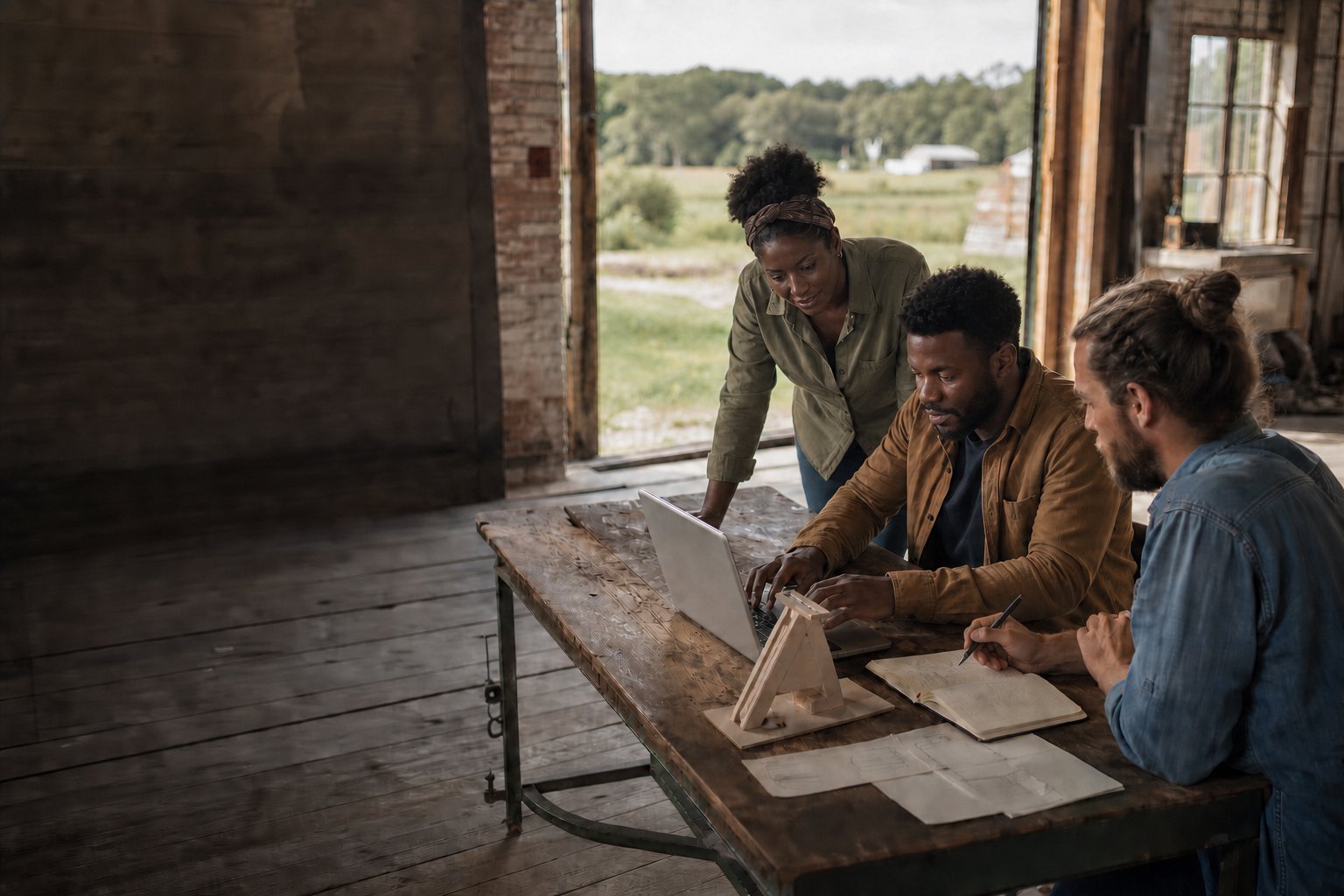 Two Black entrepreneurs and a white entrepreneur developing an idea together in a rural workshop